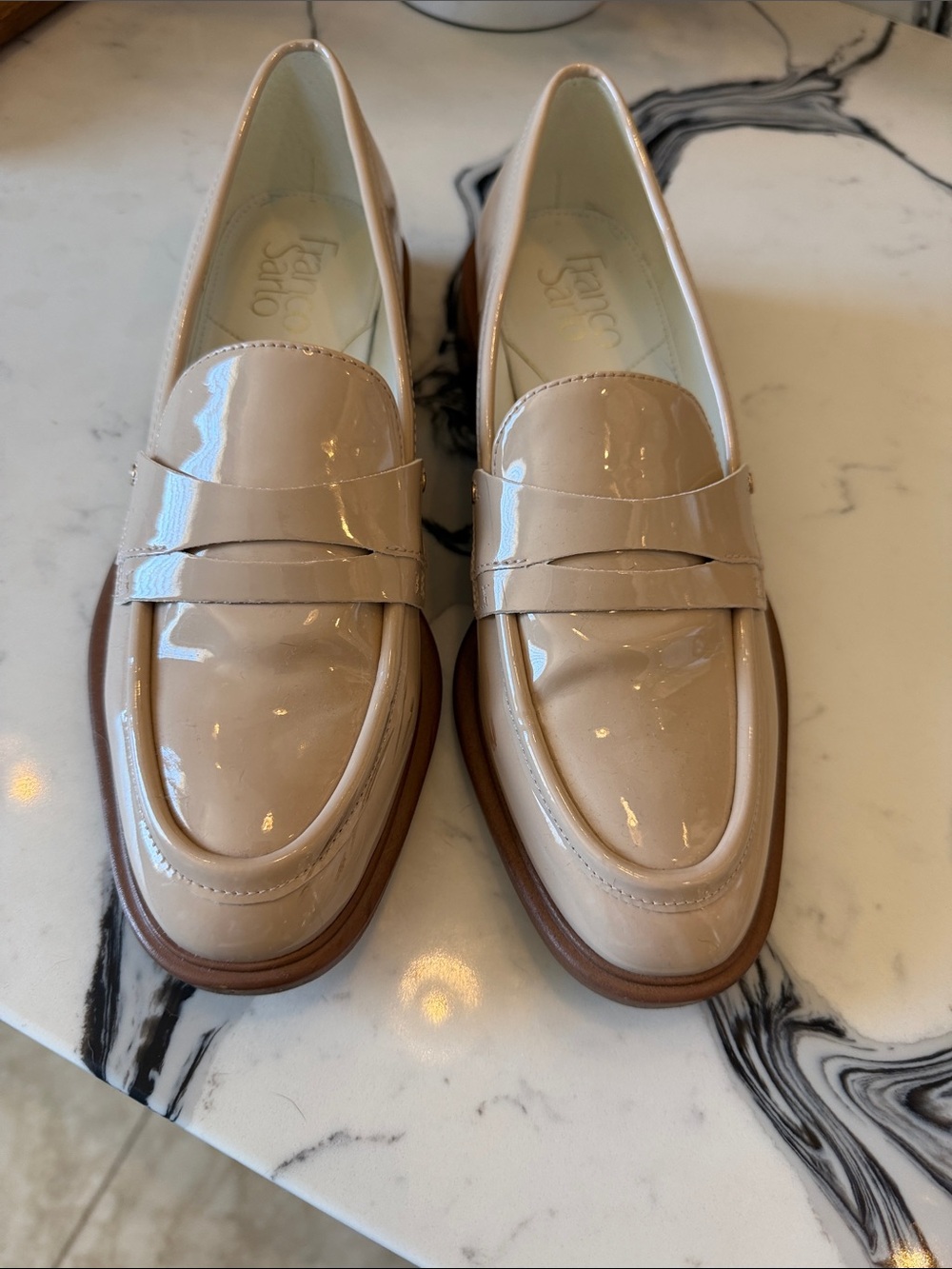Franco Sarto Beige Patent Leather Penny Loafers